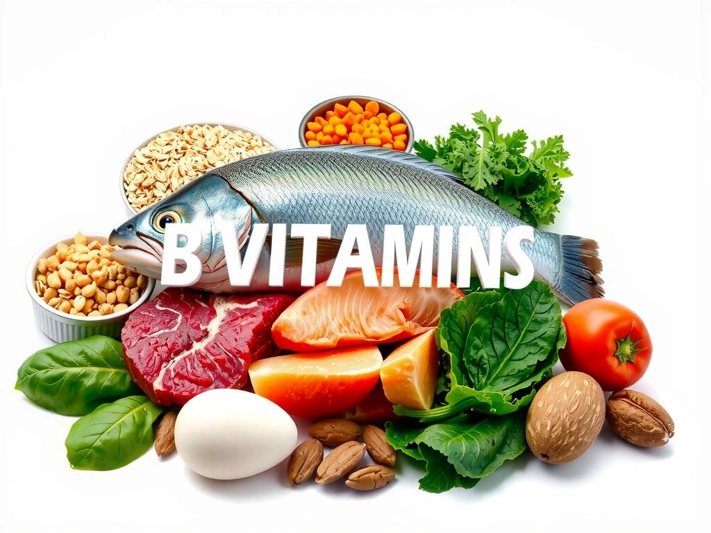 Tableau visuel des aliments riches en vitamines B, tels que céréales complètes, légumineuses, viande et légumes verts.